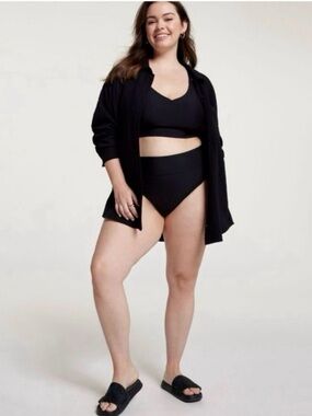 CALIA SWIM COVER-UP Button Down Black Linen Blend XXL NWT